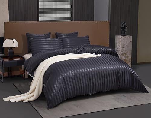 Arianaut Duvet Cover Full Size Black 5 Pieces Satin Full Duvet Cover Luxury Coquette Silk Like Striped Duvet Cover Black Bedding Set Comforter Cover with Zipper Closure 1 Duvet Cover 4 Pillow Cases Arianaut