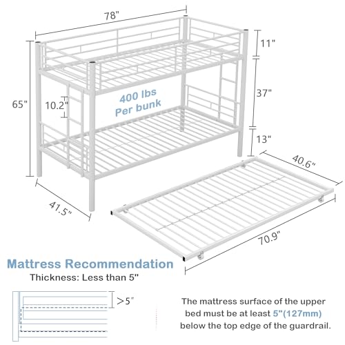 VECELO Bunk Bed Twin Over Twin with Trundle, Metal Bunkbeds with Ladder and Full-Length Guardrail, No Box Spring Needed, Space Saving, Noise Free, White VECELO