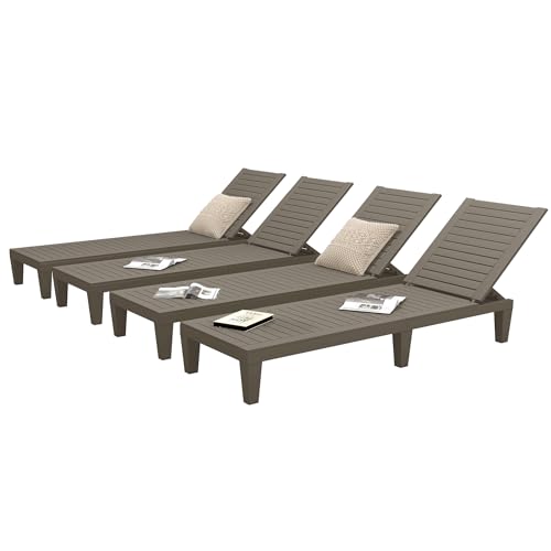 DWVO Outdoor Chaise Lounge, Pool Lounge Chair Set of 4 w/ 5-Level Backrest, Waterproof & Easy Assembly Patio Lounge Chair for Garden, Pool, and Beach (Taupe)