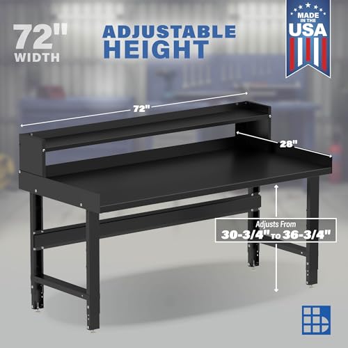 Borroughs 72" Adjustable Workbench, Steel Heavy-Duty Workstation with Ledge Shelf & Edge Guards, 2000 LB Capacity Worktable for Workshop, Garage, School, Office, Home, 72" W x 28" D Borroughs
