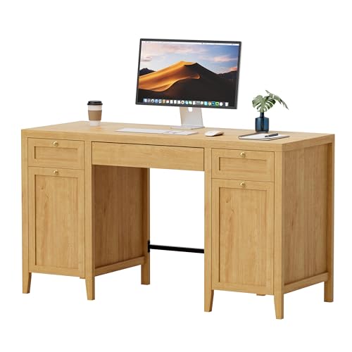 MoomJiee 52" Executive Desk with Storage Drawer, Farmhouse Home Office Desk with Storage Cabinet Wood Computer Writing Desk for Study Office, Natural Oak MoomJiee