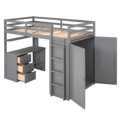 Harper & Bright Designs Twin Size Loft Bed with Desk and Storage Drawers, Wooden Kids Loft Bed Frame with Wardrobe, Grey Harper & Bright Designs