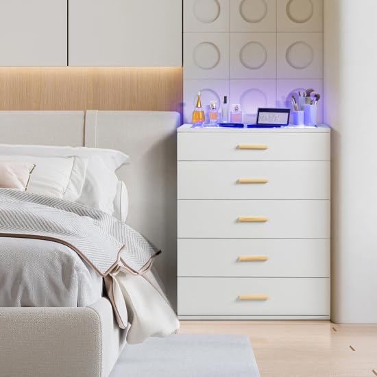 Aenlv White Dresser for Bedroom with 5 Drawers, Chest of Drawers with LED Lights, Wood Bedroom Dresser, Large Capacity Storage Cabinet for Nursery, Kids Room, Entryway Aenlv