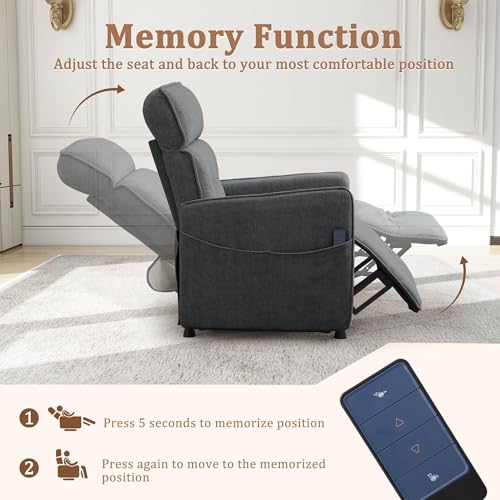 Korser Power Recliner Chair for Living Room, Electric Recliner Chairs for Adults, Comfy Recliners with Side Pockets & One-Touch Adjustment, Cashmere Reclining Chair for Reading, Bedroom, Lounge, Grey