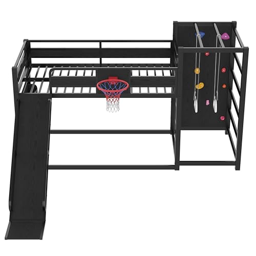 SOFTSEA Twin Size Gaming Loft Bed with Slide, Heavy Duty Metal Loft Bed with Basketball Hoop, Climbing Wall & Pull Up Rings for Kids Teens Adults, No Noise, Black SOFTSEA