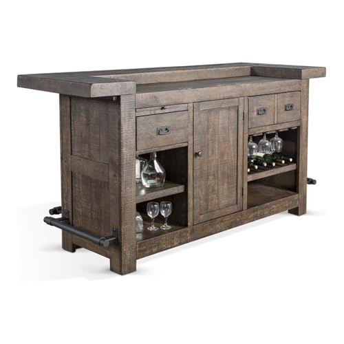 Pemberly Row 80" Farmhouse Transitional Wood Home Bar Unit Cabinet Set with Stemware Rack, Wine Storage for Dining Room Kitchen in Tobacco Leaf Pemberly Row