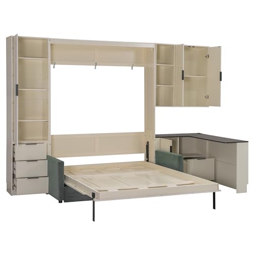 Merax Farmhouse Multi-Functional Murphy Bed with Sofa, Desk & Storage Cabinet,Solid Wood Foldable Wall Bed w/USB Charging Station Space Saving/No Box Spring Needed/Full, Beige + Green Merax