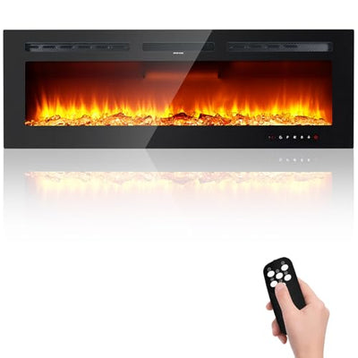 GarveeHome 50 in Recessed and Wall Mounted Electric Fireplace, Low Noise, Remote Control with Timer, Touch Screen, Adjustable Flame Color and Speed, 750-1500W