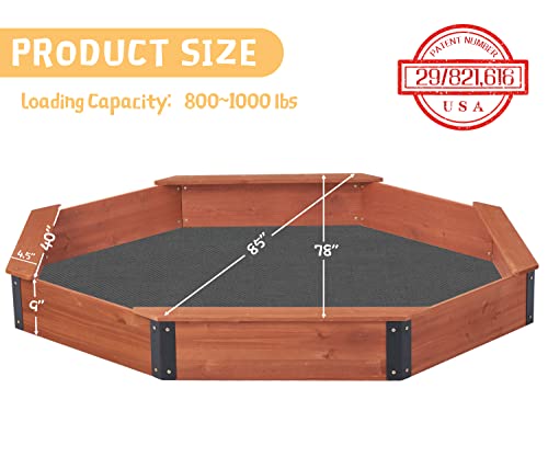 85''x78''x9'' Octagon Sandbox with Cover for Kids Outdoor Play, Wood Large Sandpit with 4 Benches, Quick Easy Install SoliWood