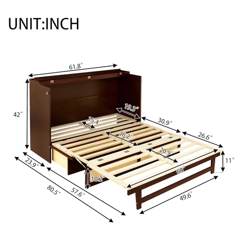 PVWIIK Queen Size Multi-Functional Bed Frame with Rattan Decoration Panel and Drawer for Girls/Boys,Home Office, Studio,Bedroom,Cabinet Murphy Bed w/Plank Support,No Box Spring Needed, Walnut PVWIIK