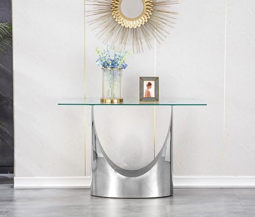Modern Entryway Console Table with Tempered Glass Top & U Shape Stainless Steel Pedestal Base, Long Consle Table Behind Couch, Hallway Table for Entryway, Living Room Console Table, Foyer Table,Silver TehRecBT