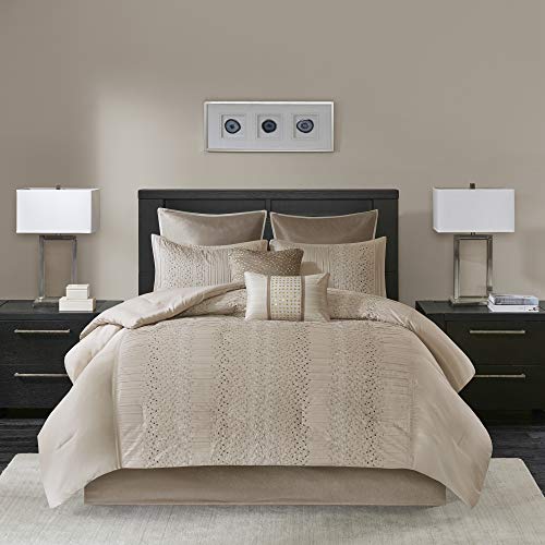 Madison Park Camelia Cozy Comforter Set-Trendy Design All Season Down Alternative Luxury Bedding with Matching Shams, Decorative Pillows, California King (104 in x 92 in), Natural 8 Piece Madison Park
