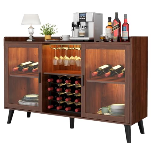 Auromie Wine Bar Cabinet with Led Light, Home Coffee Cabinet with Wine and Glass Rack, Kitchen Buffet Sideboard with Storage Shelves, Freestanding Liquor Cabinet for Living Room, Dining Room (Walnut) Auromie