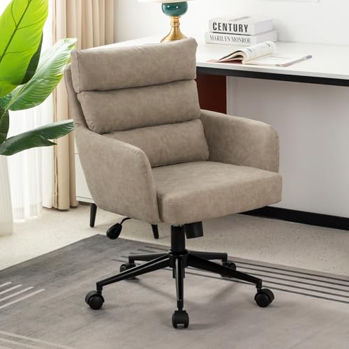 BALIAA Leather Home Office Desk Chair, Small Comfy Faux Leather Office Chair with Wheels, Modern Adjustable Swivel Desk Chair with Back Support & Black Swivel Base for Home, Bedroom, Study, Beige BALIAA