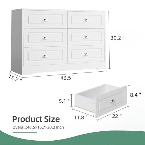 Shintenchi Dresser for Bedroom with 6 Drawers,Double Dresser & Chest of Drawers Wooden Organizer with Metal Handle, Storage TV Stand for Living Room,White Shintenchi