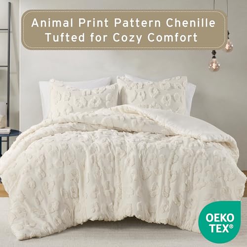 Intelligent Design Queen Comforter Set Chenille Tufted Animal Print Pattern Comforters Queen Size, All Season Fluffy Bedding Soft Microfiber Reverse, Larissa, Full/Queen Off-White 3 Piece Intelligent Design