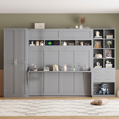 Merax Queen Murphy Bed with Tall 90.6" Closet Wardrobe & Shelves & Drawers, All-in-One Multi-Storage Side Flip Wood MDF Murphy Cabinet Bed Desk, Open/Close Hydraulically (Gray) Merax