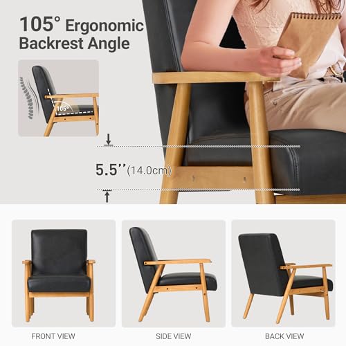 COLAMY PU Leather Accent Chair for Living Room, Mid Century Modern Relaxing Armchair with Solid Wood Frame & Soft Cushion, Reading Leisure Chair with High Back(Black COLAMY