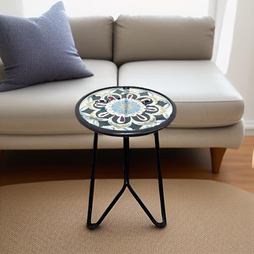 LIFFY Outdoor Side Table,12" Indoor Outdoor Round Glass Tabletop Accent Table with Metal Frame, Decorative Plant Stand & End Table for Patio, Garden, Yard, Kitchen, Porch LIFFY