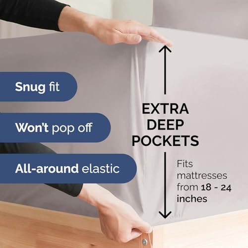 Extra Deep Twin 400 Thread Count Cotton Fitted Sheet - Hotel Luxury Single Fitted Sheet Only - Easily Fits 18" to 24" Mattress - Soft, Wrinkle Free & Breathable & Comfy Extra Deep Pockets Light Grey CGK Unlimited