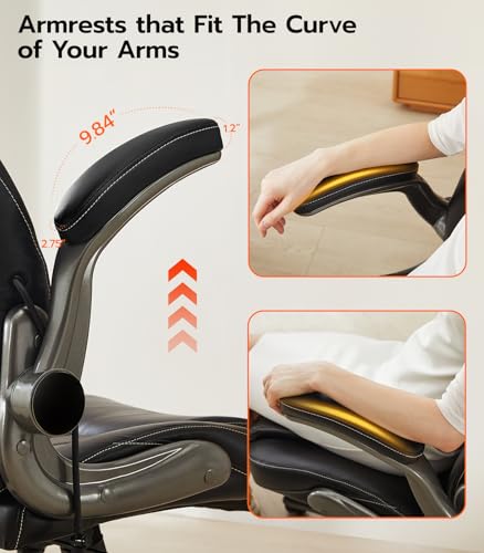 Office Desk Chair, Ergonomic Computer Chair with Padded Flip-Up Arms and Adjustable Lumbar Support, PU Leather Executive Chair with Tilt Lock and 360° Swivel Rolling Wheels for Work, Study Ylzyxal