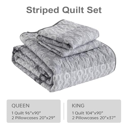 Boho Quilt Set Queen Size Gray Farmhouse Quilt Bedding Set Striped Lightweight Summer Bedspread Coverlet Bedding Set 96"x90" (3 Pieces) Cottolester