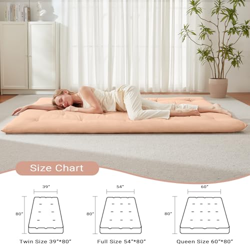 Mollydot Japanese Floor Futon Mattress Queen Size 60"x 80", Foldable Bed Mattress, Portable Tatami Mat Sleeping Pad, Folding Futon Cushion, Roll Up Floor Lounger for Guest Room Dormitory (Khaki) Mollydot