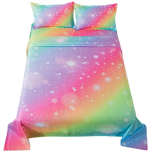ADASMILE A & S Rainbow Fitted Bed Sheet for Kids 4 Pieces Rainbow Sheets Queen for Girls Pink Glitter Tie Dye Pastel Bed Set (1 Flat Sheet + 1 Deep Pocket Fitted Sheet and 2 Pillowcases) Bedroom Decor ADASMILE A & S