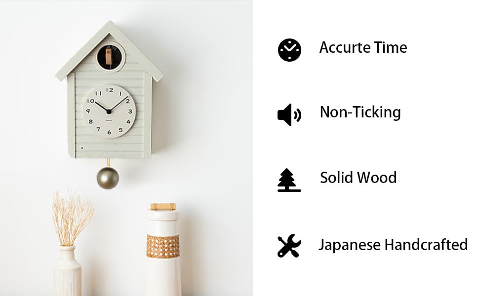 Cuckoo Clock Japanese Handcrafted Solid Wood Pendulum Wall Clock Silent Non-Ticking Hourly Chime Function Battery Operated Modern Decorative for Living Room Bedroom Kids Cuckoo CLOCK CH-059 (GRAY) INTERZERO