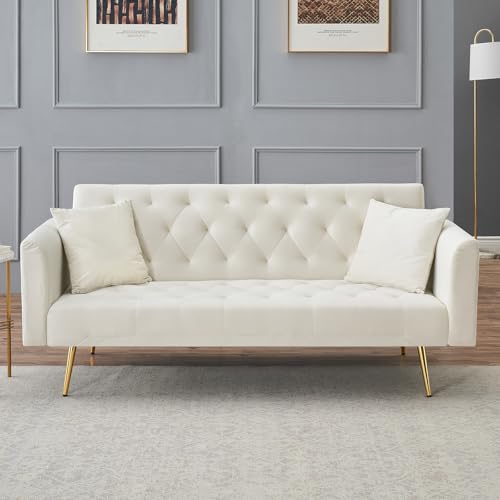 71" Modern Velvet Sofa Bed Futon, Convertible Sleeper Couch with Adjustable Backrest, Tufted Recliner Loveseat with Golden Chrome Legs & 2 Pillows for Small Spaces, Living Room, Apartment (Beige) Generic