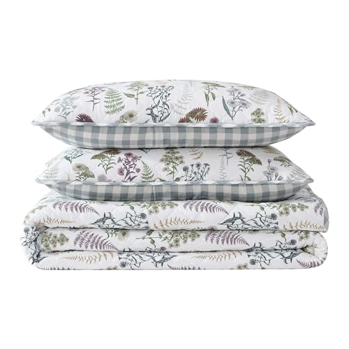 Eddie Bauer - Twin Quilt Set, Reversible Cotton Bedding with Matching Sham, Classic Floral Home Decor with Plaid Reverse (Flower Field Green, Twin) Eddie Bauer