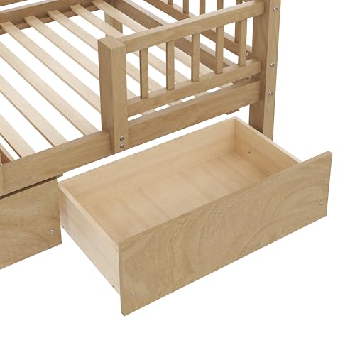RUNNA Twin Over Twin Bunk Bed with Slide, Storage Drawers & Staircase, Solid Pine Wood Frame, No Box Spring Needed, Kids Bedroom Space-Saving Furniture (01-Walnut) RUNNA