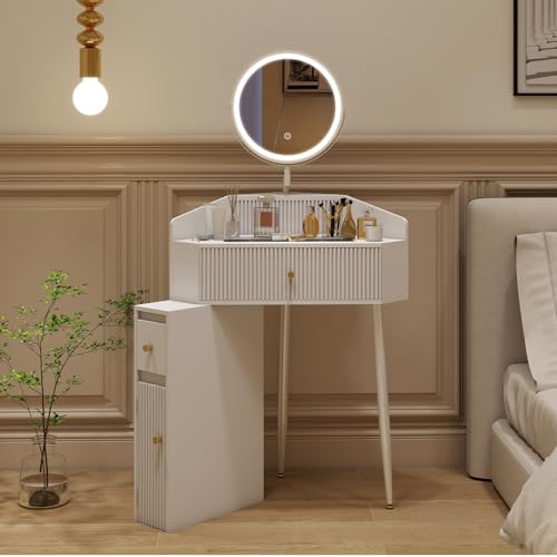 ARTETHYS Corner Vanity Desk with Retractable and Rotating Mirror and Lights Small Modern White Makeup Vanity Set with Glass Top for Women Compact Girls Dressing Table with Drawer for Small Space ARTETHYS