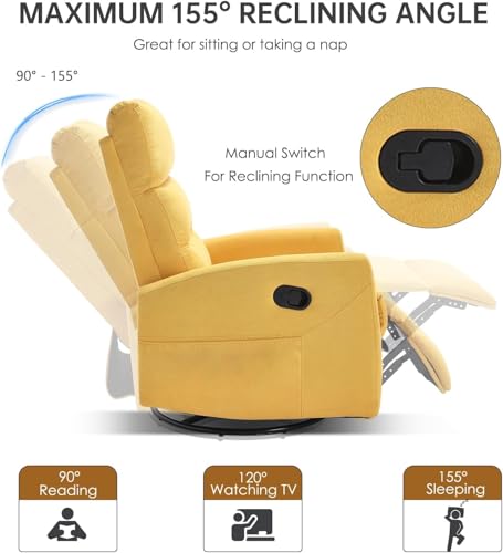 360° Swivel Rocker Recliner Chair for Small Spaces, Manual Recliner with Side Pockets for Petite Adults, Small Rocker Recliner for Living Room, Bedroom - Yellow