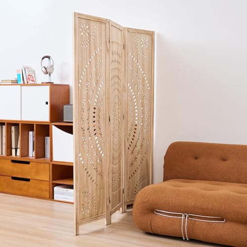 66.9Inch Folding Room Divider, 3 Panels Wood Carved Privacy Screens, Free Assembled Freestanding Partition for Home Office Restaurant Bedroom (Natural) Svimi