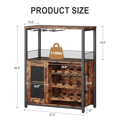 IDEALHOUSE Wine Bar Rack Cabinet with Light, Adjustable Shelves Coffee Bar Cabinet with Mesh Door and Baffle Design, 36 in Tall Small Liquor Bar Cabinet for Home, Kitchen, Dinning Room, Rustic Brown IDEALHOUSE