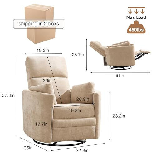 Manual Recliner 360°Swivel Glider Rocking Chair,Upholstered Nursery Adult Rocker Glider Chair with 2 Pillows for Living Room Bedroom(Khaki, Manual Operation)
