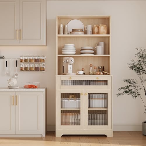 MilleLoom 62" Pantry Cabinet with Storage Drawers, Farmhouse Kitchen Hutch Bar Cabinet with 3-Tier Open Shelf & Microwave Stand, Kitchen Cupboard with Glass Door for Dining/Living Room, Wood MilleLoom