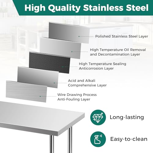 Toolsempire Stainless Steel Table, 60" x 24" Prep Table with Adjustable Under Shelf & 4 Galvanized Table Feet, Steel Table Kitchen Work Table for Toolsempire