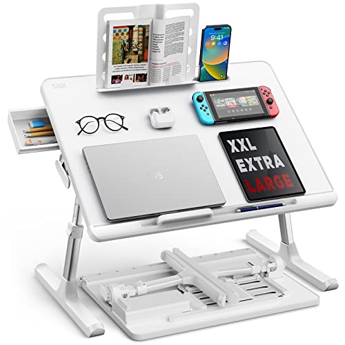 Laptop Bed Tray Table, SAIJI Adjustable Bed Desk for Laptop, Foldable Laptop Stand with Storage Drawer for Eating, Working, Writing, Gaming, Drawing (White, X-Large) SAIJI