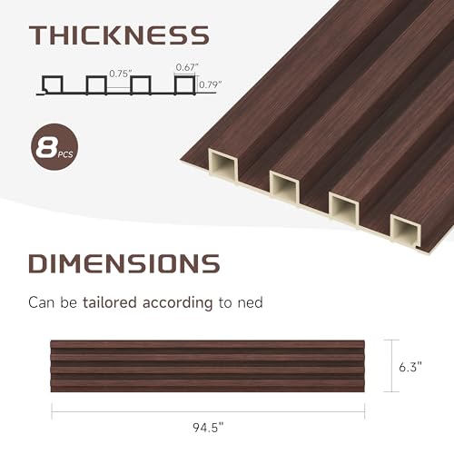 POHARE WPC Slat Wall Panels, 8 Pack Accent Slat Wood Slats for Wall and Ceilings, Acoustic Panels for Interior Wall Modern Décor, Walnut, 95 x 6 in POHARE