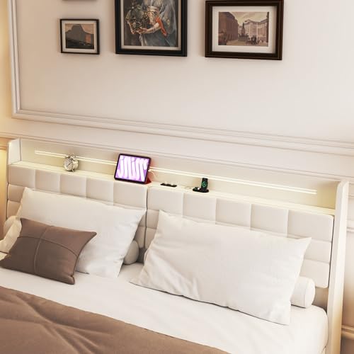 bzbbzc Queen Size Floating Bed Frame with LED Lights & USB Charging Ports, Upholstered Platform Bed with Storage Headboard & Hidden Shelves, Modern Floating Design for Bedroom or Guest Room, Beige bzbbzc