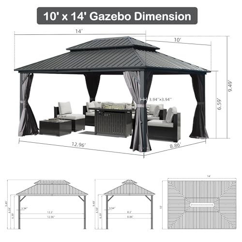 Domi Hardtop Gazebo 10x14FT, Aluminum Outdoor Gazebo with Galvanized Steel Double Roof Canopy, Curtains and Netting Included, Metal Gazebo Permanent Pavilion for Patio, Lawn, Garden, Gray domi outdoor living