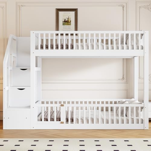 Wooden Twin over Twin Bunk Bed with Storage Stairs and Slats Support for Kids Teens, Floor Bunk Bed with Door and Full-Length Guardrails for Boys Girls, Space Saving, No Box Spring Needed, White MERITLINE