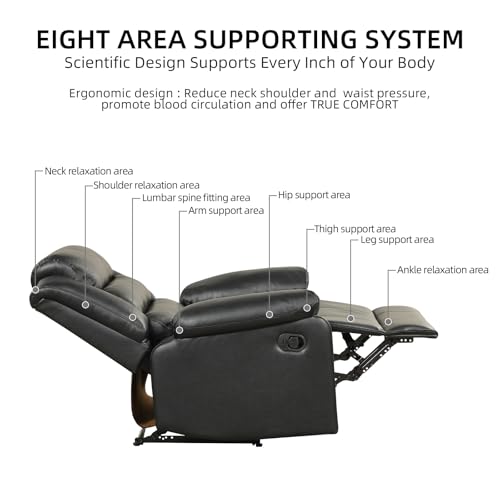 IOMOR Manual Recliner Chair with Overstuffed Arm and Extra-Padded Back, Breathable PU Leather Reclining Chair for Adults, Single Sofa for Living Room, Bedroom (Black)