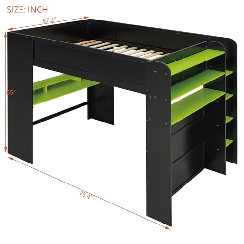 Merax Full Size Gaming Loft Bed with Height-Adjustable Desk, Wardrobe, Ample Storage Space and RGB Light, Solid Wood Bunk Bed Frame for Bedroom, No Box Spring Needed, Green Merax