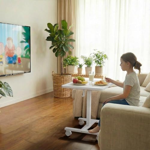 WINAZ Small White Standing Rolling Desk - 24 Inch Portable Mobile Stand Up Kids Desk Adjustable Height with Wheels for Small Spaces, Couch Laptop Desks Side End Table for Home Office, White WINAZ