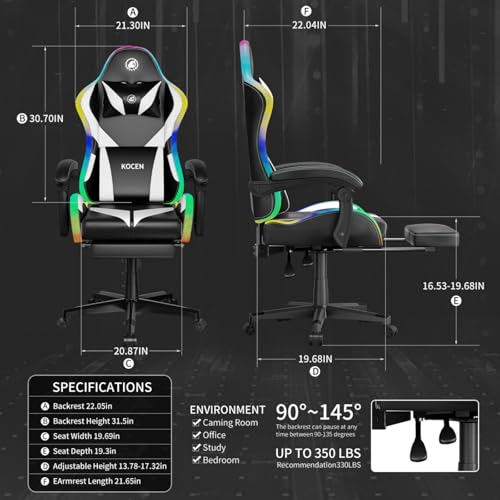 Gaming Chairs for Adults Tall and Kids,Lumbar Support,LED Lights,High Back Reclining Computer Chair with Headrest (Black+White) OHFILA