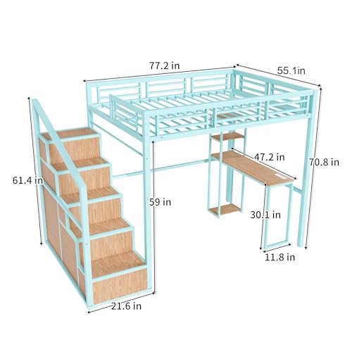 Ball & Cast Heavy Metal Full Size Loft Bed with Desk & Wardrobe,Bed Frame w/Built-in Staircase and Storage Rack,Gaming Bed w/Full-Length Guardrail,Space-Saving Bedroom Furniture for Adults,Green Ball & Cast