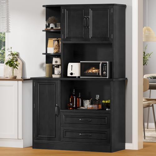DWVO Kitchen Pantry Storage Cabinet, 64" H Kitchen Hutch Cabinet with Power Outlet, Sliding Racks with Door, Drawers with Doors and 3-Tier External Shelves for Living Room, Dining Area (Black) DWVO